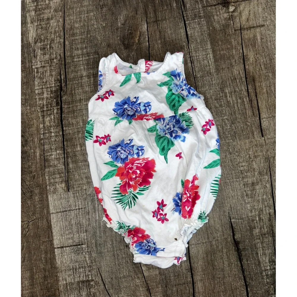 Old Navy Baby Girl Floral Bubble Romper White Red Blue 12-18 Months Sleeveless